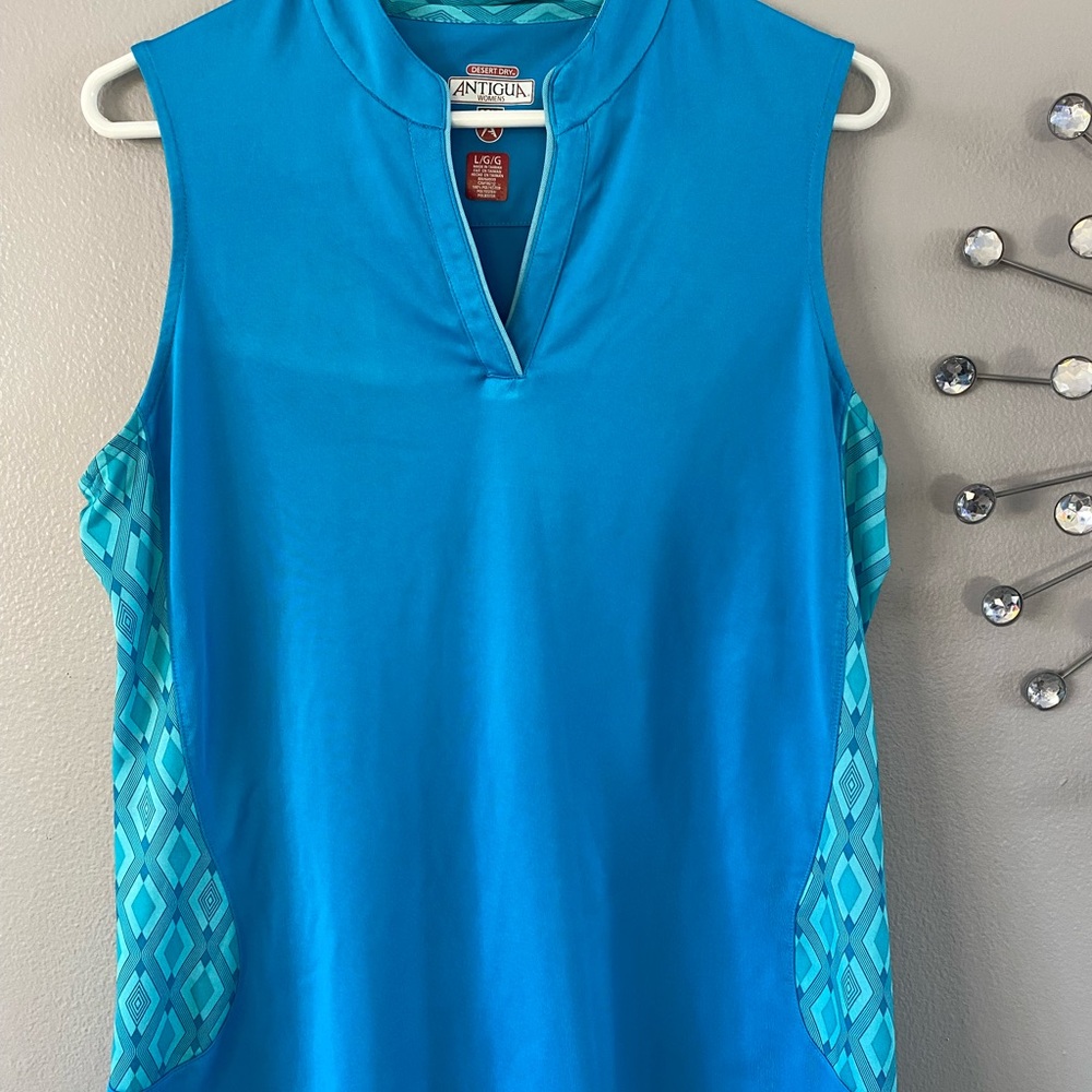 Antigua | Blue Mandarin Collar sleeveless golf shirt. Large